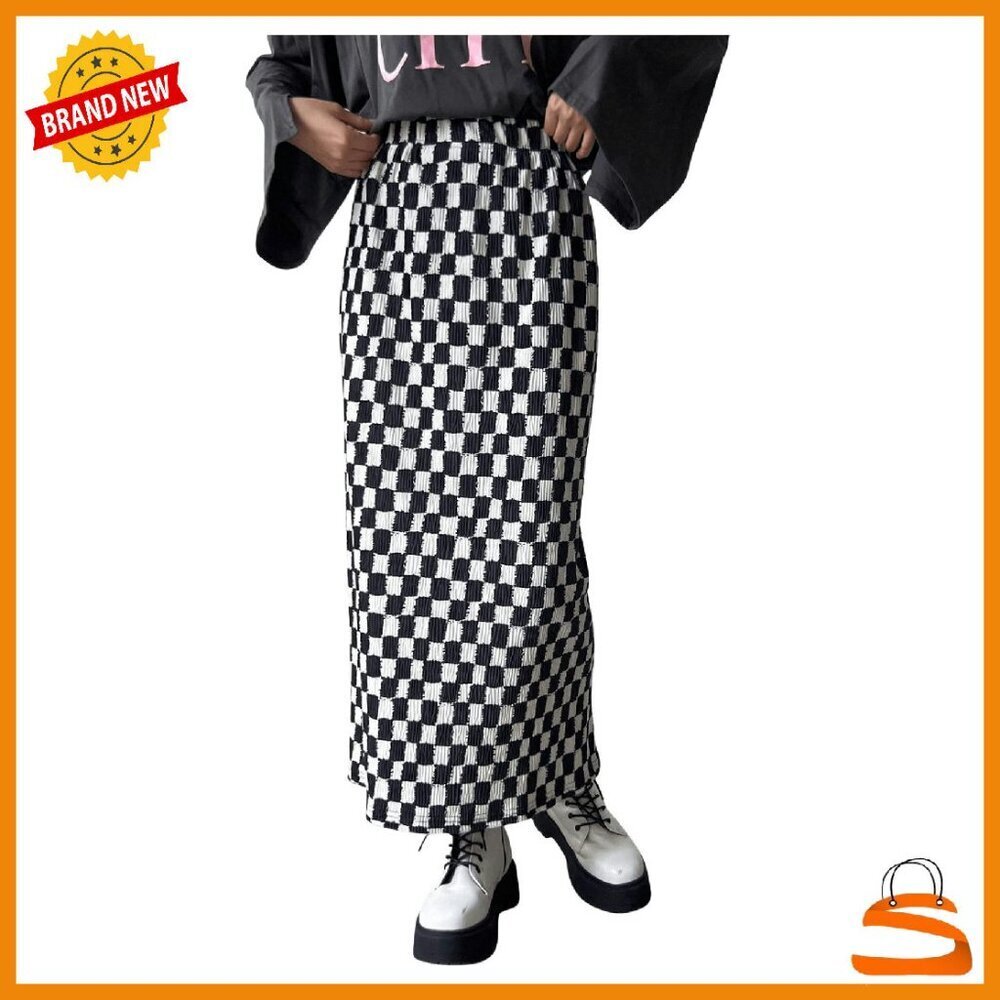 Elastic Waist Plaid Skirt Long Straight Slit Hem Women's